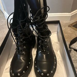 Black Lace-Up Combat Boots with Buckle Detail